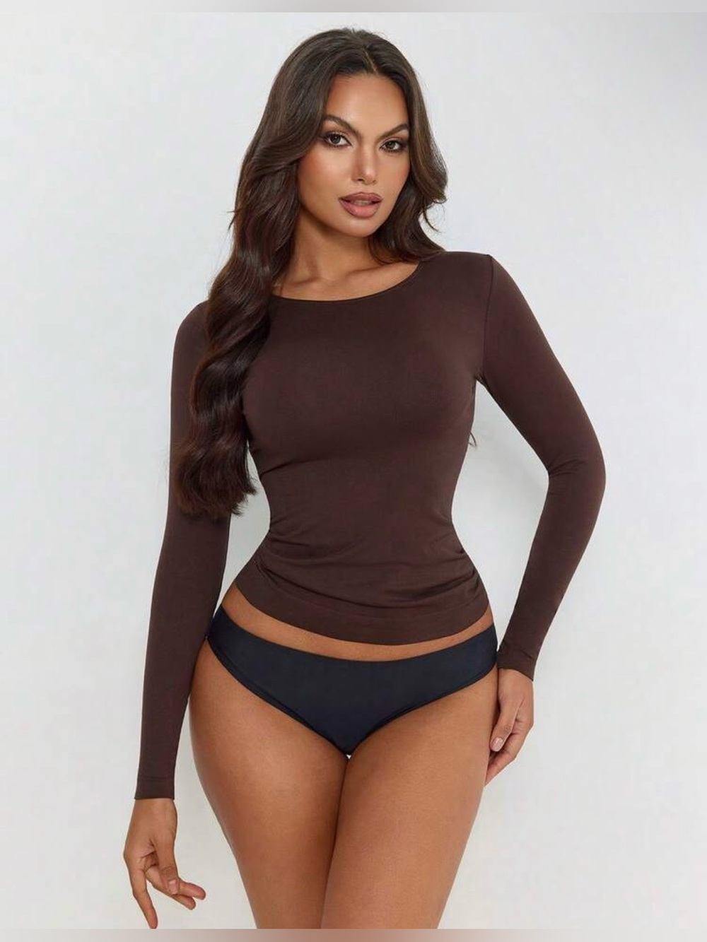 Long Sleeve Brown Crewneck Top - Women